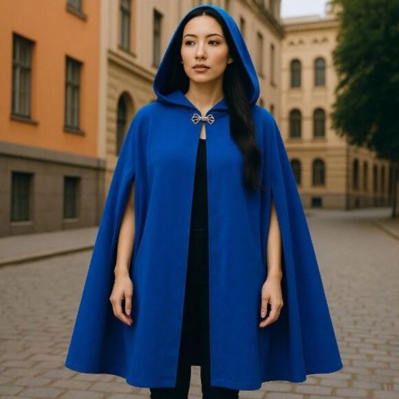 Royal Azure Velvet Hooded Cape with Satin Lining - Picture 1 of 15